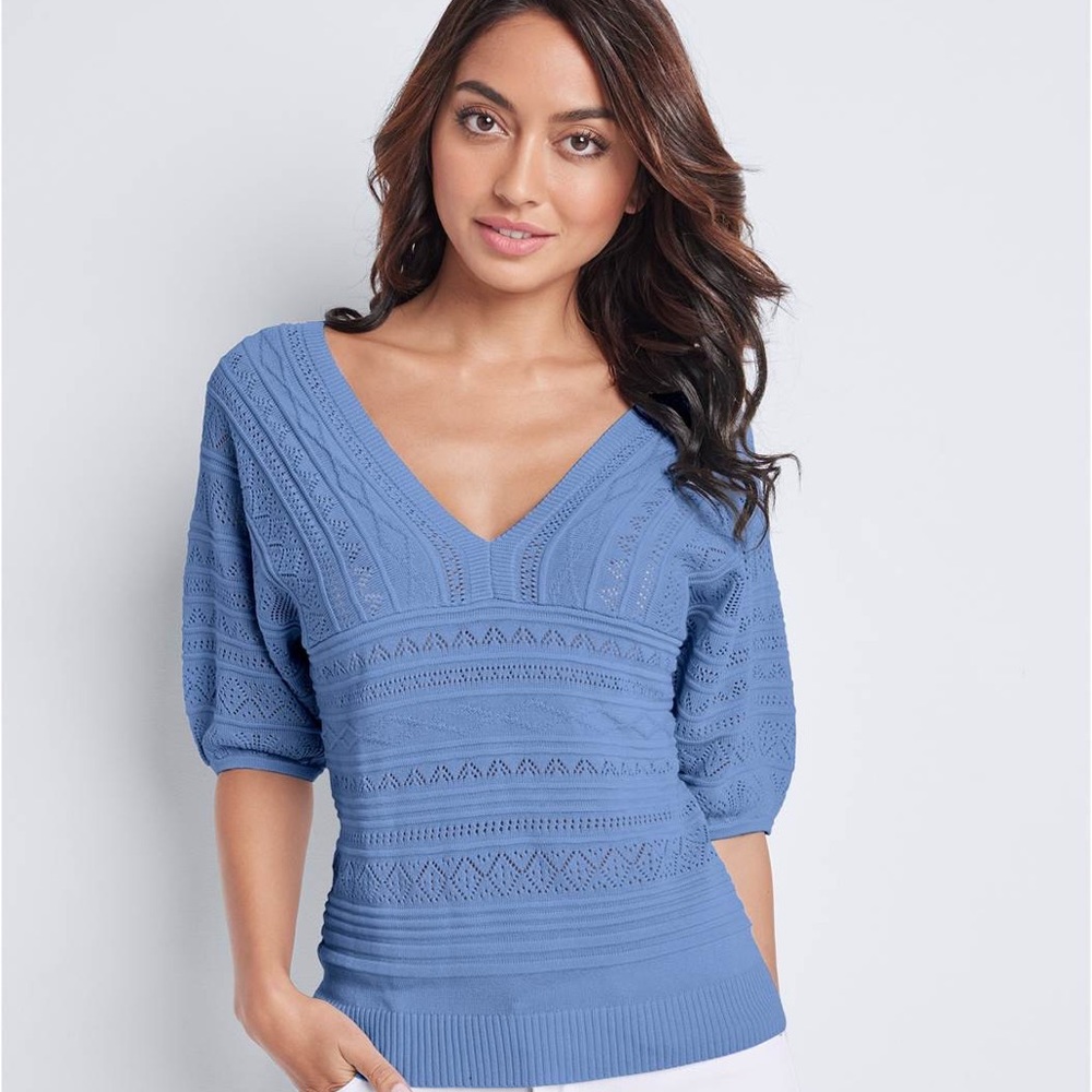 Venus 3/4 Sleeve Pointelle Stitch Sweater